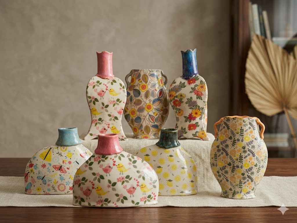 Handbuilt ceramic vases with floral patterns by Moonview Studio